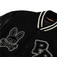 Veste universitaire noire pour homme sur mesure très demandée avec broderie tête de lapin, manches en cuir véritable, style preppy, idéale pour l'automne