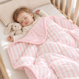 Striped Pink White Organic Cotton Baby <b>Quilted</b> Blanket Eco-Friendly All-Season Simple Style for Newborn - Product Image 2
