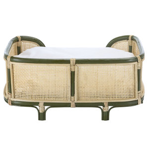 Nordic Rattan Cane <b>Dog</b> <b>Bed</b> Frame Green <b>Wood</b> Trim Rectangular Pet Sofa Lounge <b>Bed</b> With Cushion Factory Wholesale Pet Supplies - Product Image 4