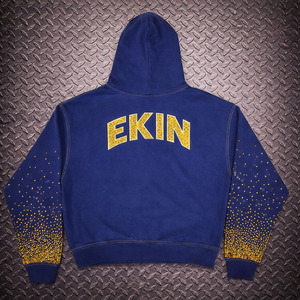 Custom Cotton <b>Fleeced</b> Navy Blue Embroidery Rhinestones logo Oversize Baggy Boxy Fit Pull Over Hoodie for Men Hip Hop Streetwear - Product Image 2