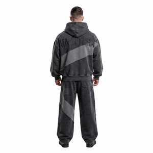 Conjunto de chándal de dos piezas con sudadera con capucha extragrande con cremallera y pantalones de chándal de pierna ancha con patchwork, estilo lavado personalizado - Product Image 2