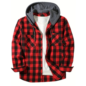 High Quality <b>Mens</b> Plaid <b>Flannel</b> Streetwear Shirt <b>Jacket</b> Hooded Thermal Fleece Outerwear Long Sleeve Shacket Front Logo Wholesale - Product Image 6