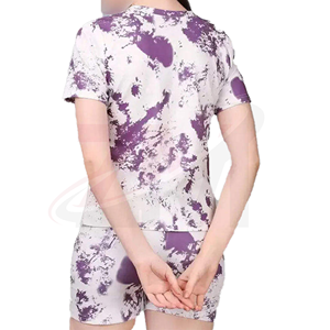 Conjunto de Camiseta de Manga Corta con Cuello Redondo y Estampado Tie Dye Morado y Blanco para Mujer, Estilo Casual, Tejido de Punto de Secado Rápido, para Primavera y Verano - Product Image 2