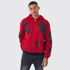 Sudadera con capucha de invierno para hombre, 100% algodón, de felpa, con cremallera completa, de secado rápido y transpirable, personalizada al por mayor, roja, para Halloween - Product Image 1