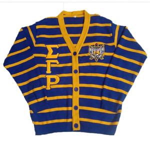เสื้อคาร์ดิแกน Sigma Gamma Rho สีน้ำเงินเหลือง คอวี แขนยาว ปักลายตราสัญลักษณ์ สไตล์ Preppy วินเทจ เสื้อสเวตเตอร์ผู้หญิง - Product Image 1