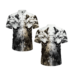 Polo pour homme avec imprimé loup artistique blanc et noir |   T-shirt à col zippé 1/4 en sublimation numérique |   Haut décontracté à motif animal gothique moderne - Product Image 5