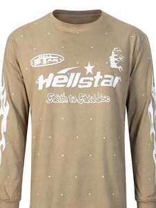Custom Khaki Tan Long Sleeve T <b>Shirt</b> Vintage <b>Flame</b> Sleeve Graphic Printed Heavyweight Cotton Oversized Streetwear Men Loose - Product Image 3
