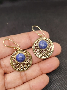 Natural <b>Lapis</b> <b>Lazuli</b> Bohemian Round Earrings Handmade gold Plated Brass Blue Gemstone Dangle Earrings High Quality Unique - Product Image 2