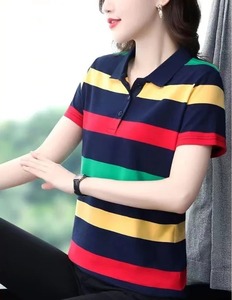 Women Striped Polo <b>Shirt</b> Short Sleeve Color Blocked Casual Knitted Top Pink Green Yellow Loose casual <b>boho</b> tees 5XL plus size - Product Image 3