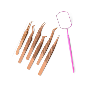 Gold Plated Eyelash Extension Mirror Tweezers Stainless Steel Straight & Curved Sharp Pointed Tip Lash <b>Tool</b> Set Wholesale Price - Product Image 1