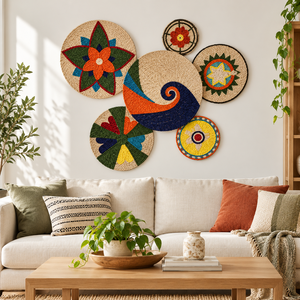 Panier mural africain tissé à la main personnalisable, plaque murale ronde suspendue, décoration murale florale géométrique en corde pour salon et entrée - Product Image 6