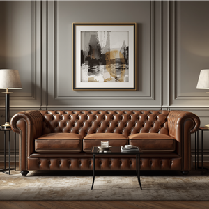 Sofá Chesterfield de Cuero Marrón de 3 Plazas, Proveedor de Sofás Clásicos Acolchados para Sala de Estar, Hotel, Venta al por Mayor, Exportación - Product Image 1