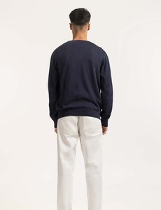 Pull en tricot à col en V pour homme, bleu marine, manches longues, couleur unie, style automne, coupe classique - Product Image 3