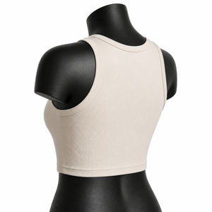 Top corto acanalado beige personalizado para mujer, sin mangas, para yoga, gimnasio, fitness, ropa deportiva, OEM, venta al por mayor, precio económico, transpirable. - Product Image 3