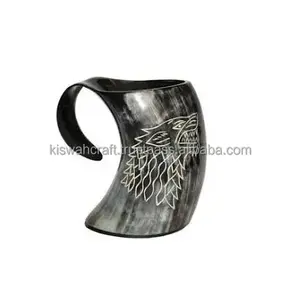 Top très poli Viking corne à boire tasse à la main sculpté Logo gravé marquage Original couleur naturelle décoration - Product Image 2