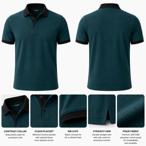 <b>Men's</b> Dark <b>Green</b> Cotton Pique <b>Polo</b> <b>Shirt</b> Short Sleeve Solid Color Casual Button Down Design Breathable Knitted Regular Fit <b>Shirt</b> - Product Image 4