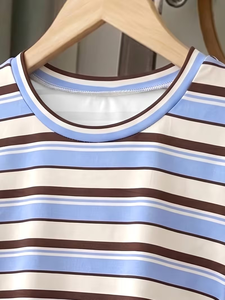 Women Striped 2 Piece Shorts Set Short Sleeve Crew Neck Tee Side Split Loose Fit Casual Daily Wear Spring Summer Cotton Knitted - Product Image 4