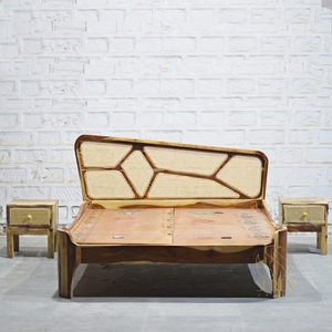 Lit en teck massif avec tête de lit en rotin, structure de lit en bois, mobilier de chambre minimaliste d'Indonésie - Product Image 2