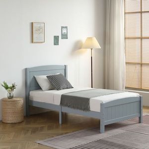 Letto in Legno Grigio Curvo con Design a Strisce Verticali a Strato Singolo, Testiera e Pediera Coordinate - Product Image 1