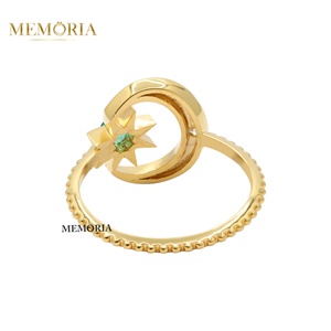 Classic Emerald Diamond Bezel Setting Wedding <b>Ring</b> Crescent <b>Moon</b> Star Shape Vintage 18k Yellow Gold Beaded Band Women's Jewelry - Product Image 5