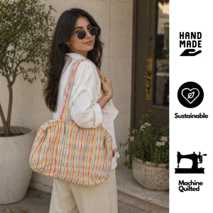 Quilted Hand Block Printed <b>Mini</b> Duffle <b>Bag</b> Cotton Boho Travel Ethnic <b>Gym</b> Sport Casual Lightweight Large Capacity Zipper Foldable - Product Image 3
