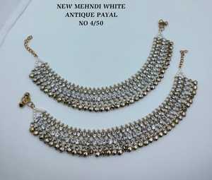 Tobillera Kundan de Perlas Blancas para Mujer, Aleación con Imitación de Rodio, Estilo Nupcial, Clásica, Tradicional India, para Bodas - Product Image 1