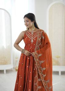 Conjunto de Kurta Anarkali, Palazzo y Dupatta Bordados en Color Naranja Óxido para Mujer, Ropa Étnica India - Product Image 4