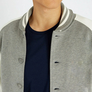 <b>Men's</b> Gray Varsity <b>Jacket</b> With <b>White</b> Sleeves And Front Logo Casual Autumn Wear Regular Fit Knitted Polyester Cotton Blend - Product Image 2
