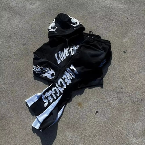 ชุดวอร์มสองชิ้นลายปักแบบดิสเทรสสีซีดจางสำหรับฤดูหนาว ทรงปกติ กางเกงขาบานและเสื้อฮู้ดซิป สำหรับทุกเพศ - Product Image 1