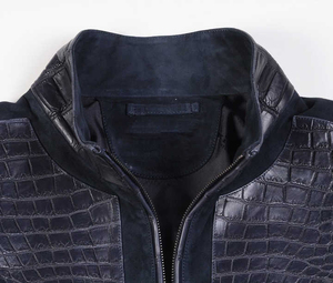 <b>Men's</b> Dark Blue Cow Skin <b>Suede</b> Leather <b>Jacket</b> with Croco Embossed PU Panels Zipper Closure Stand Collar Casual Winter Front - Product Image 5