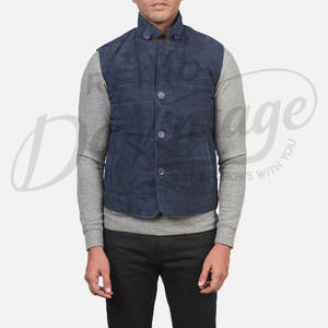 Chaleco Premium para Hombre, Azul Marino, de Cuero de Gamuza Acolchado, con Botones, Cuello Alto, Sin Mangas, Corte Ajustado, Acolchado, para Invierno - Product Image 1