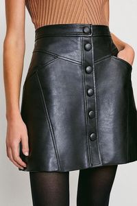 Women High Waist <b>Leather</b> A-Line <b>Mini</b> <b>Skirt</b> With Button Decoration Moto Biker Style Solid Color Shiny Finish - Product Image 3