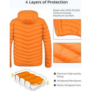 Veste matelassée à capuche orange pour homme, fermeture éclair, coupe-vent, manteau d'hiver décontracté, rembourrage en duvet, longueur normale - Product Image 4