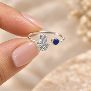 Natural <b>Lapis</b> <b>Lazuli</b> Hamsa <b>Ring</b> – 925 Sterling Silver Adjustable Hand of Fatima Open <b>Ring</b> - Product Image 4