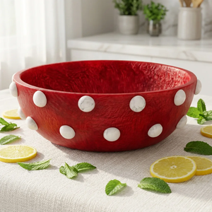 FAIZA CRAFT Polished <b>Red</b> Resin <b>Bowl</b> with White Dots Handmade Lightweight Modern Decorative Serving <b>Bowl</b> for Home Party - Product Image 1