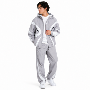 Hot Selling Customized <b>Light</b> Grey Reflective Tracksuit Men’s Hooded Windbreaker Set Premium Activewear OEM Bulk Hoodies Supplier - Product Image 4