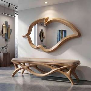 Handcrafted <b>Leaf</b> Shape Natural Wooden <b>Wall</b> Mirror Aesthetic Organic Frame Modern Irregular Carved Wood Mirror For Living Room - Product Image 1