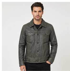 Blouson Moto en Cuir Original Homme Bleu et Marron Col Montant Fermeture Éclair Coupe Slim Manches Classiques Style Color Block Automne - Product Image 1