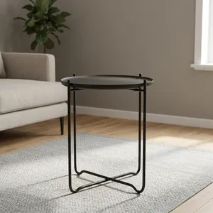 Modern <b>Black</b> Metal <b>Side</b> <b>Table</b> With <b>Round</b> Wooden Tray Top Minimalist Accent End <b>Table</b> for Living Room Bedroom Home Decor - Product Image 2