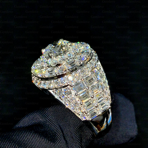 Round Cut Moissanite Diamond Halo <b>Ring</b> Baguette Cluster <b>925</b> <b>Silver</b> Luxury Statement <b>Ring</b> - Product Image 3