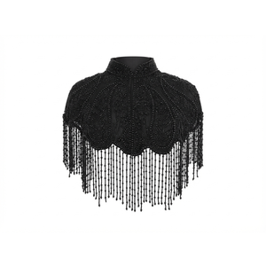 Cape de luxe noire perlée pour femme, avec franges et pompons, couvre-épaules élégant pour soirées, mariages et occasions spéciales, style haut de gamme - Product Image 1