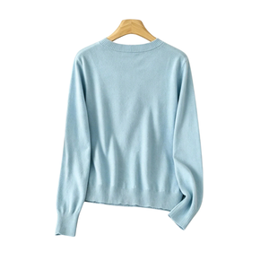 Pull en maille côtelée à col rond classique coréen pour femme, manches longues, poignets côtelés, décontracté, doux et chaud, pour usage quotidien, coupe régulière - Product Image 2
