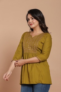 <b>Women's</b> Olive Green Cotton <b>Kurta</b> With Embroidery 3/4 Sleeve Casual Loose Fit Regular Length Ethnic Wear India Pakistan Style - Product Image 5