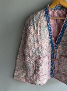 Pink Floral <b>Quilted</b> <b>Jacket</b> With V-Neck Three Quarter Sleeve Cotton Outerwear Spring Style Women's Coat GIFT FOR HER - Product Image 2