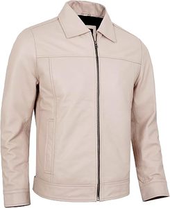 Veste en cuir véritable beige blanc cassé sur mesure pour homme, col chemise classique, vente en gros OEM - Product Image 3
