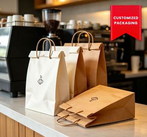 Sacs en papier kraft personnalisés avec poignées torsadées, côtés à soufflets, emballage recyclable pour plats à emporter, style classique, impression offset - Product Image 1