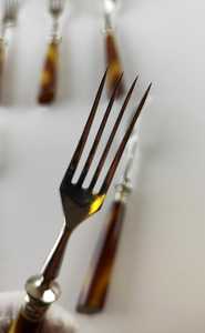 Retro Solingen Steel <b>Forks</b> (6 pcs) with Tortoiseshell‑Style Handles in Original Box, Solingen metal <b>forks</b> with horn re - Product Image 4