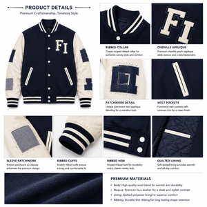 Veste de sport pour homme bleu marine avec patch lettres blanc sur la manche, coupe classique, col rabattu, veste tendance pour homme - Product Image 4