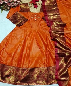 Traditional Orange Silk <b>Ankle</b>-Length Salwar Kameez With Zari Border For Women Wedding Ethnic Wear India Pakistan 85195 SI:-350 - Product Image 2