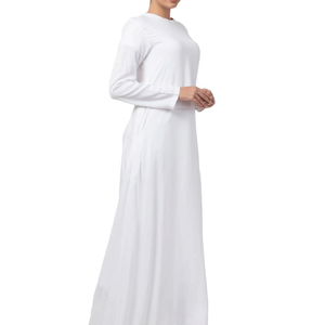 Abaya blanche à manches longues, longueur ras du sol, col rond, coupe ample, en coton, robe modeste pour femme, usage quotidien, toutes saisons - Product Image 4